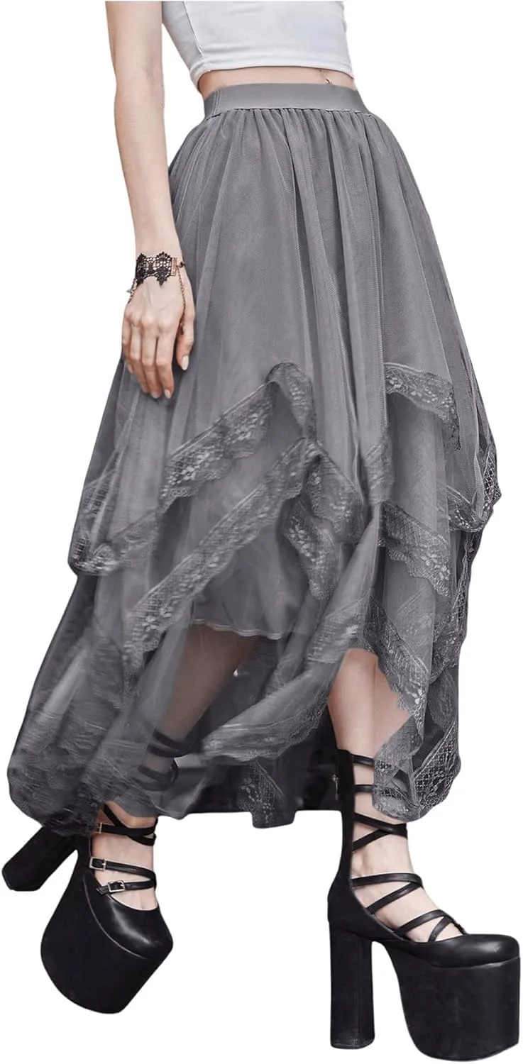 SHENHE Women's Lace Trim Layered Mesh Tulle Skirt High Waist Asymmetrical Long Goth Skirt