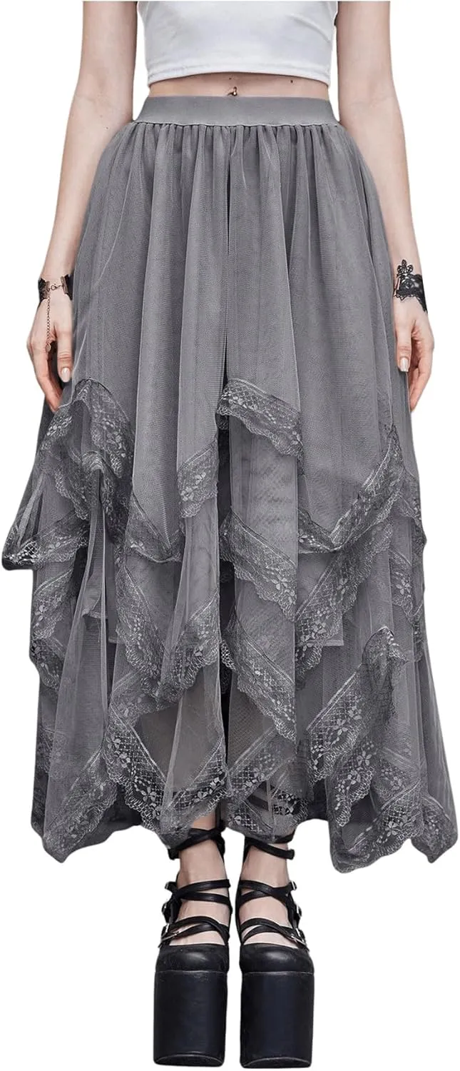 SHENHE Women's Lace Trim Layered Mesh Tulle Skirt High Waist Asymmetrical Long Goth Skirt