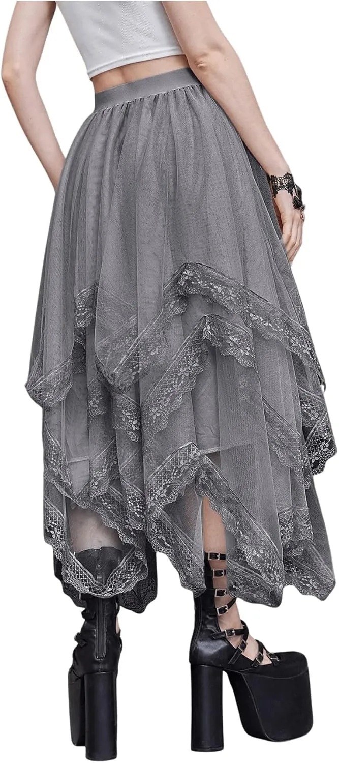 SHENHE Women's Lace Trim Layered Mesh Tulle Skirt High Waist Asymmetrical Long Goth Skirt