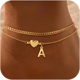SLOONG Gold Initial Anklet Bracelets for Women, 14k Gold Plated Layered Letter A-Z Heart Anklet Dainty Trendy Waterproof Summer Beach Jewelry Gifts for Women