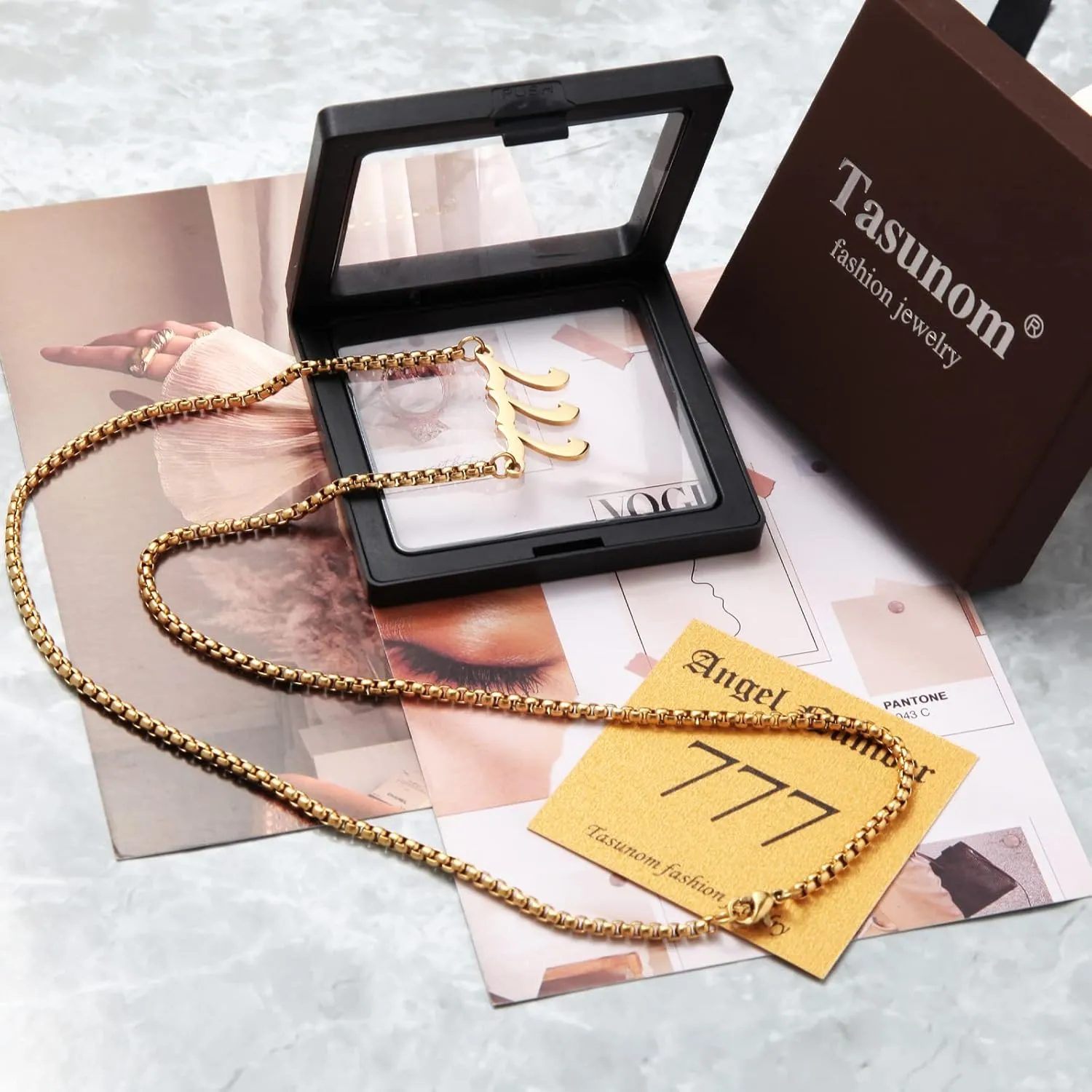 Tasunom Old English Angel & Number Necklace Numerology Jewelry for Men 18K Gold Plated Stainless Steel Graduation Gifts 22"