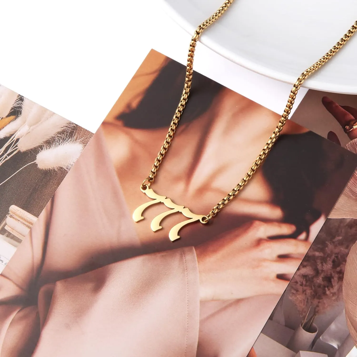 Tasunom Old English Angel & Number Necklace Numerology Jewelry for Men 18K Gold Plated Stainless Steel Graduation Gifts 22"