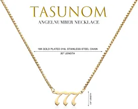 Tasunom Old English Angel & Number Necklace Numerology Jewelry for Men 18K Gold Plated Stainless Steel Graduation Gifts 22"