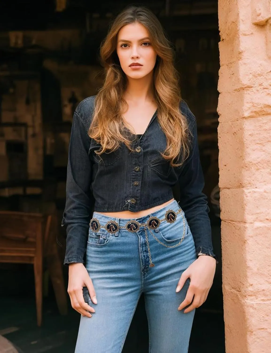 TOPACC Cowgirl Belts for Women Western Chain Belt Metal Concho Belt for Dresses Jeans Country Concert Outfit