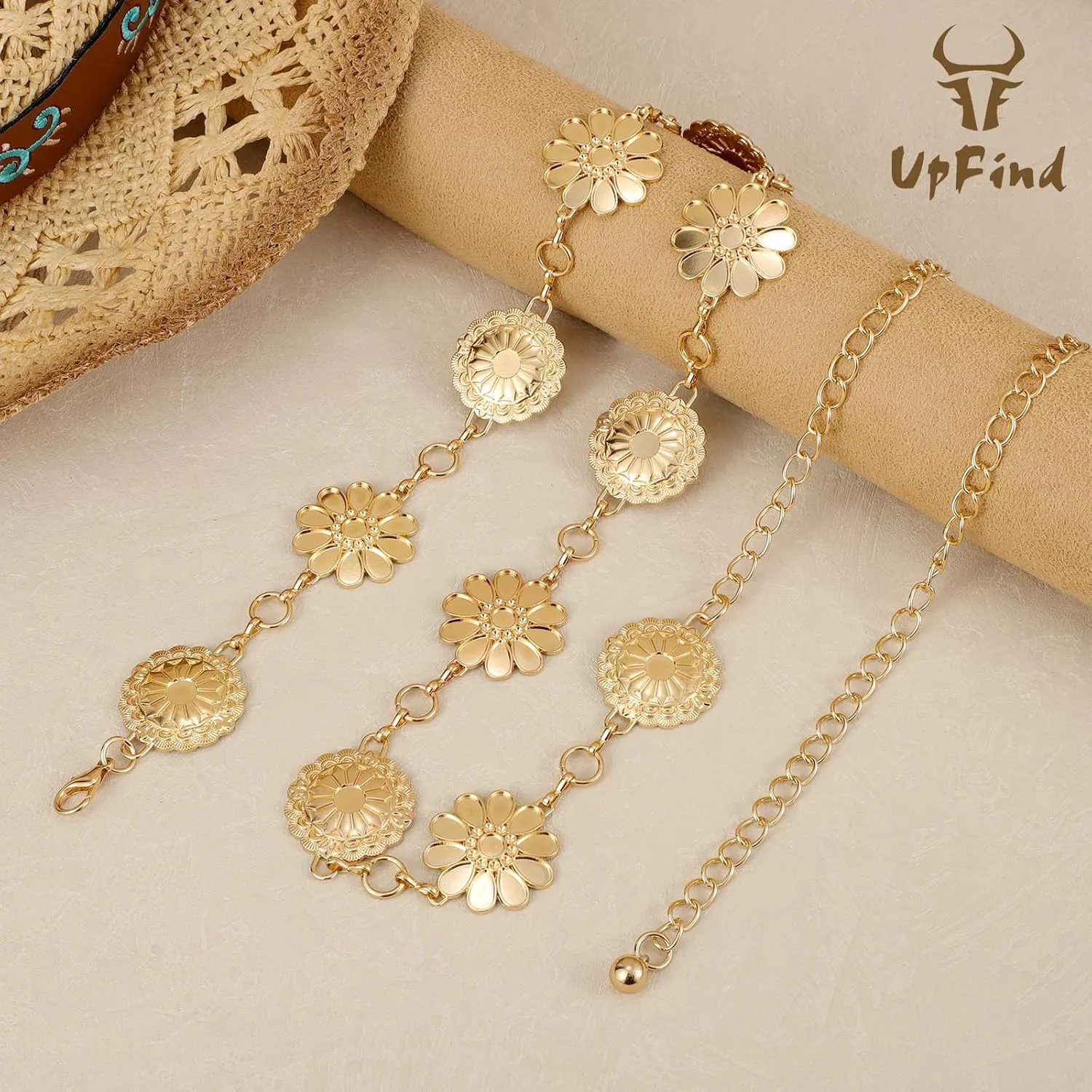 Women Western Metal Chain Belt Concho Belt Cowgirl Waist Link for Jeans Dresses Concert Boho