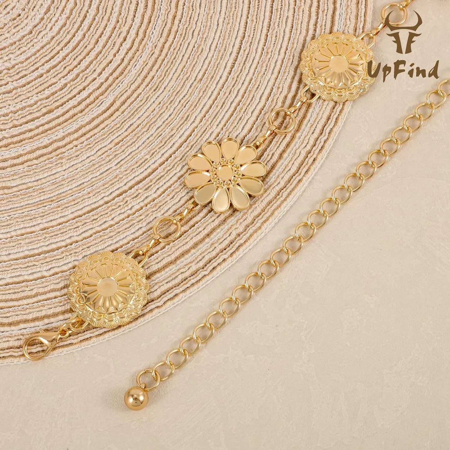 Women Western Metal Chain Belt Concho Belt Cowgirl Waist Link for Jeans Dresses Concert Boho