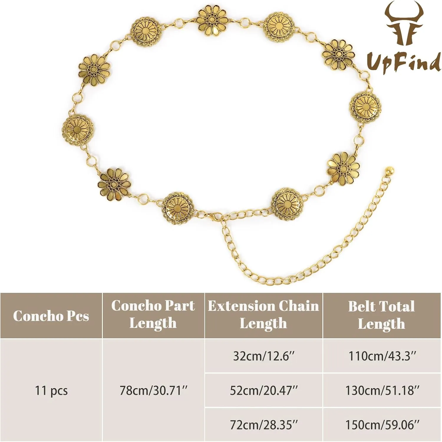 Women Western Metal Chain Belt Concho Belt Cowgirl Waist Link for Jeans Dresses Concert Boho