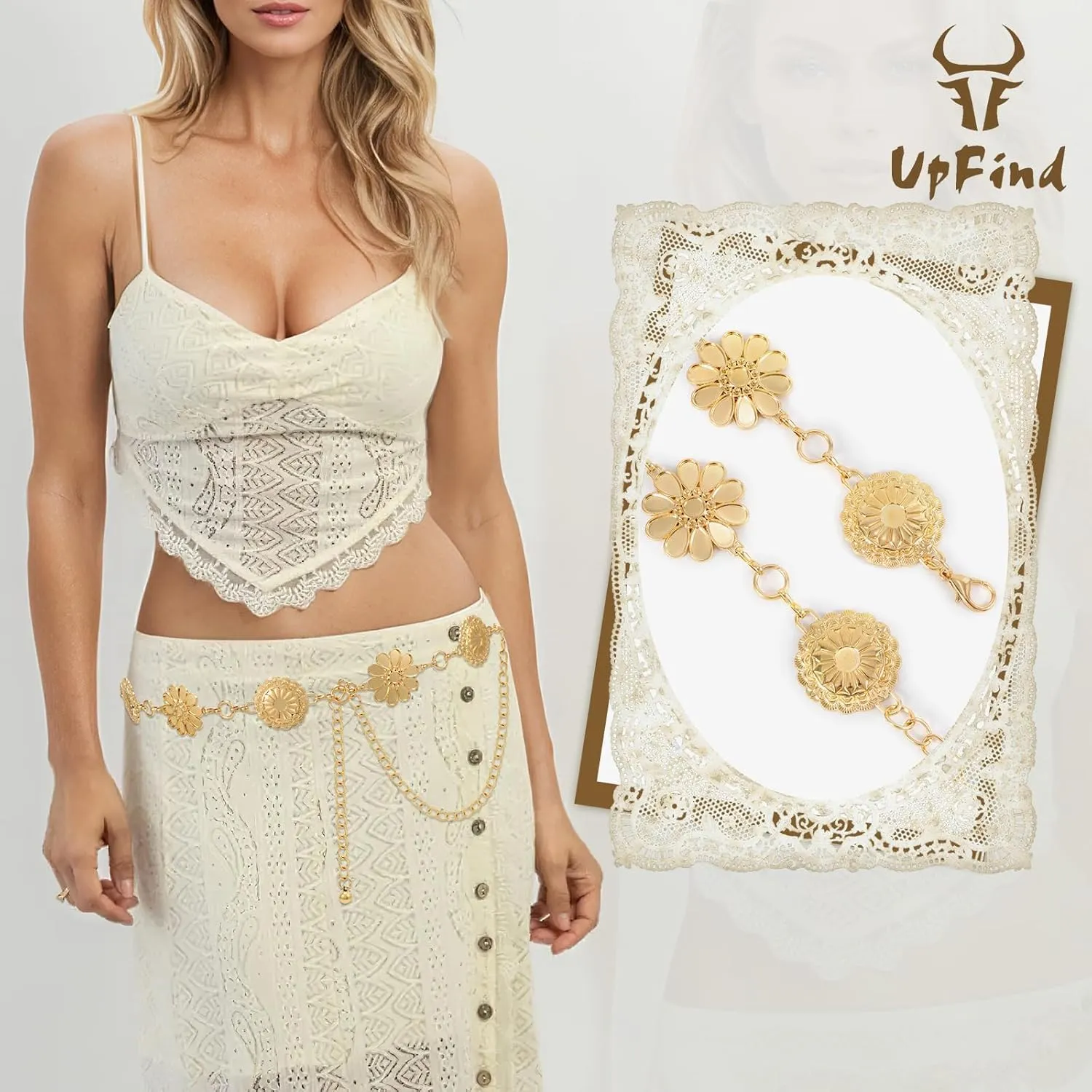 Women Western Metal Chain Belt Concho Belt Cowgirl Waist Link for Jeans Dresses Concert Boho