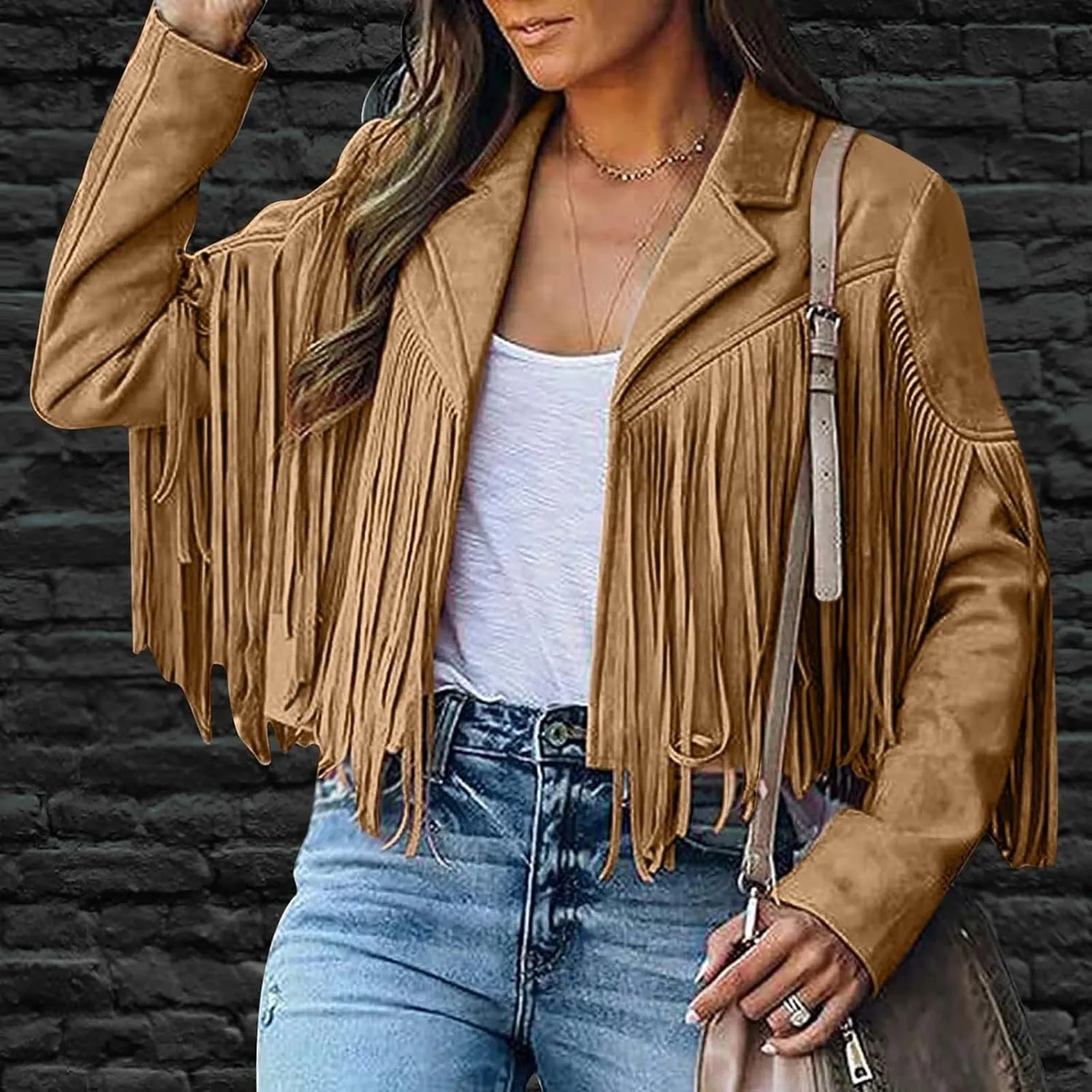 Women's Leather Jacket Faux Suede Fringe Jacket Long Sleeve Lapel Vintage Coats Open Front Tassel Cardigan