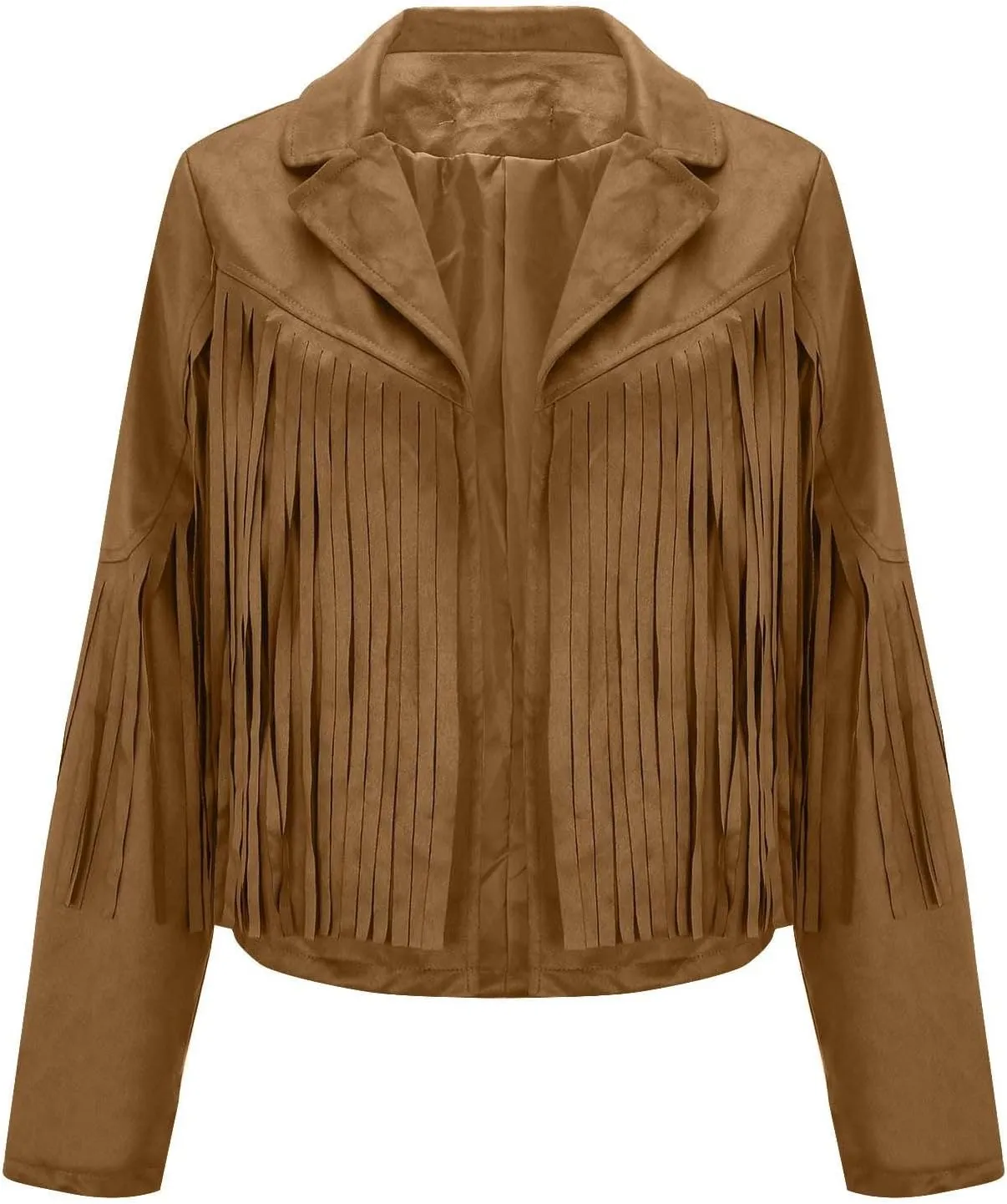 Women's Leather Jacket Faux Suede Fringe Jacket Long Sleeve Lapel Vintage Coats Open Front Tassel Cardigan
