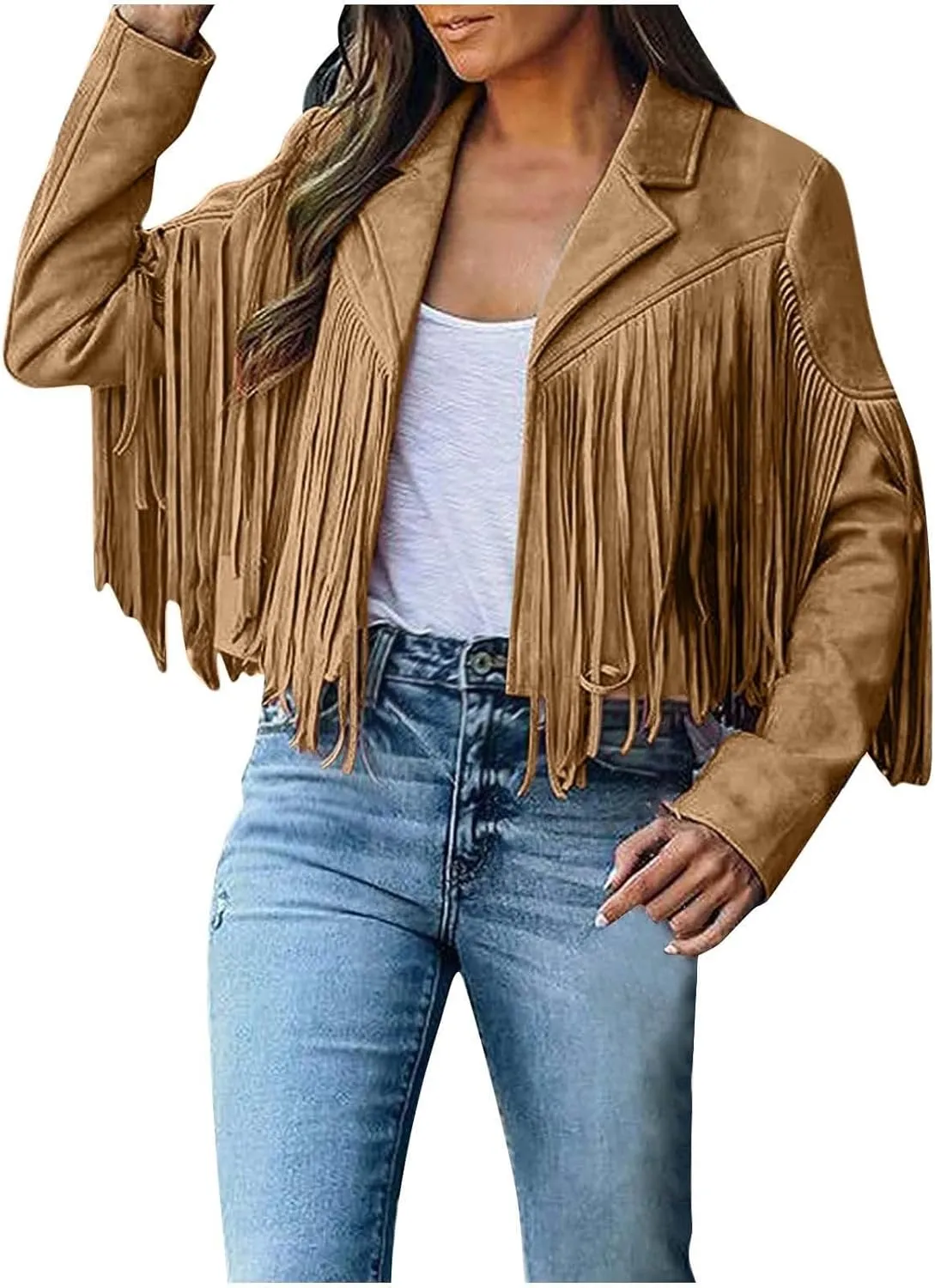 Women's Leather Jacket Faux Suede Fringe Jacket Long Sleeve Lapel Vintage Coats Open Front Tassel Cardigan