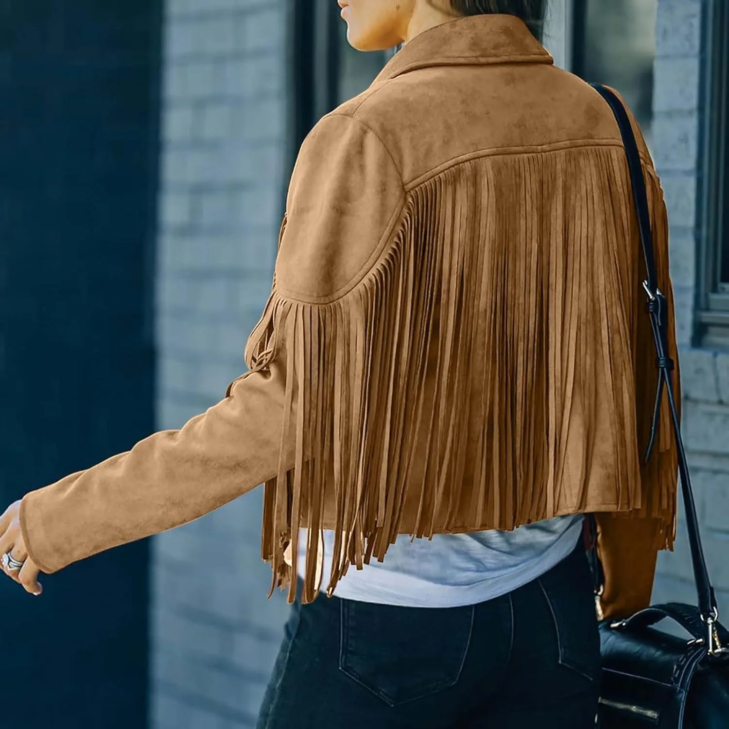 Women's Leather Jacket Faux Suede Fringe Jacket Long Sleeve Lapel Vintage Coats Open Front Tassel Cardigan