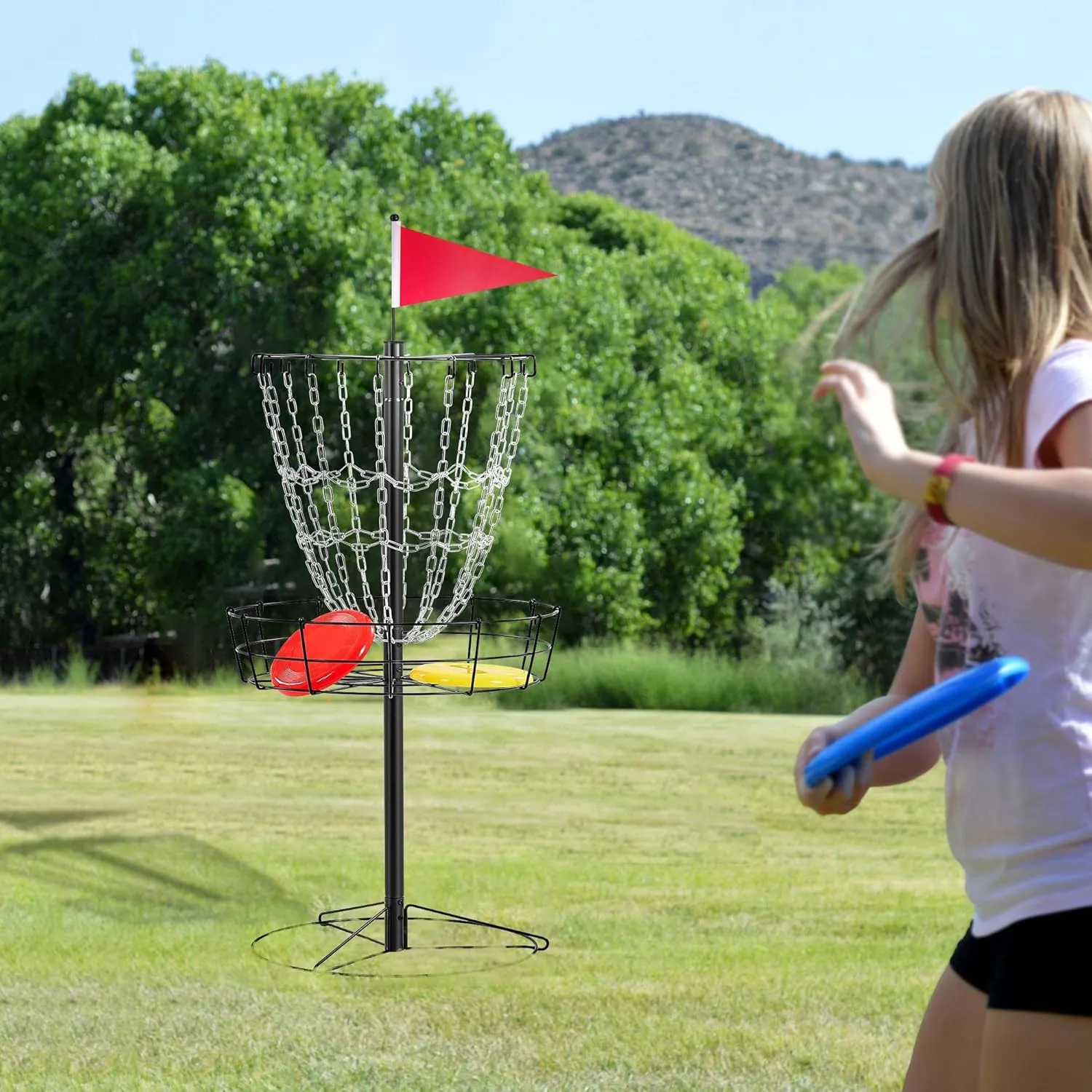 Yaheetech Portable Disc Golf Basket Target Disc Sports 12-Chain Practice Disc Golf Target Steel Hole Disc Golf Goals Catcher Indoor & Outdoor, Blue/Red/Orange/Black