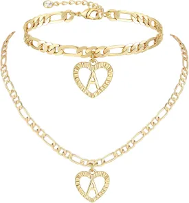 YANODA Gold Initial Pendant Necklace Anklet Bracelet for Women 14K Gold Plated Figaro Chain Letter Initial Heart Necklace Anklets Alphabet Foot Jewelry Personalized Jewelry for Women