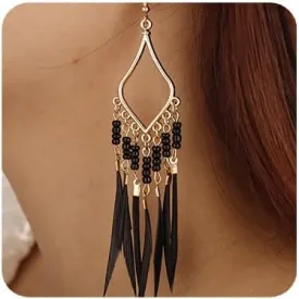 YERTTER Long Dangle Bohemian Fake Feather Tassel Dangle Beads Earrings Tassel Earrings Light Feather Vintage Hook Ear Accessories Gift for Women