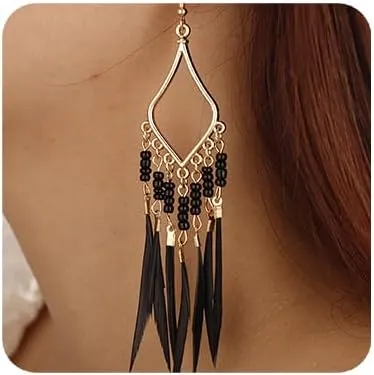 YERTTER Long Dangle Bohemian Fake Feather Tassel Dangle Beads Earrings Tassel Earrings Light Feather Vintage Hook Ear Accessories Gift for Women